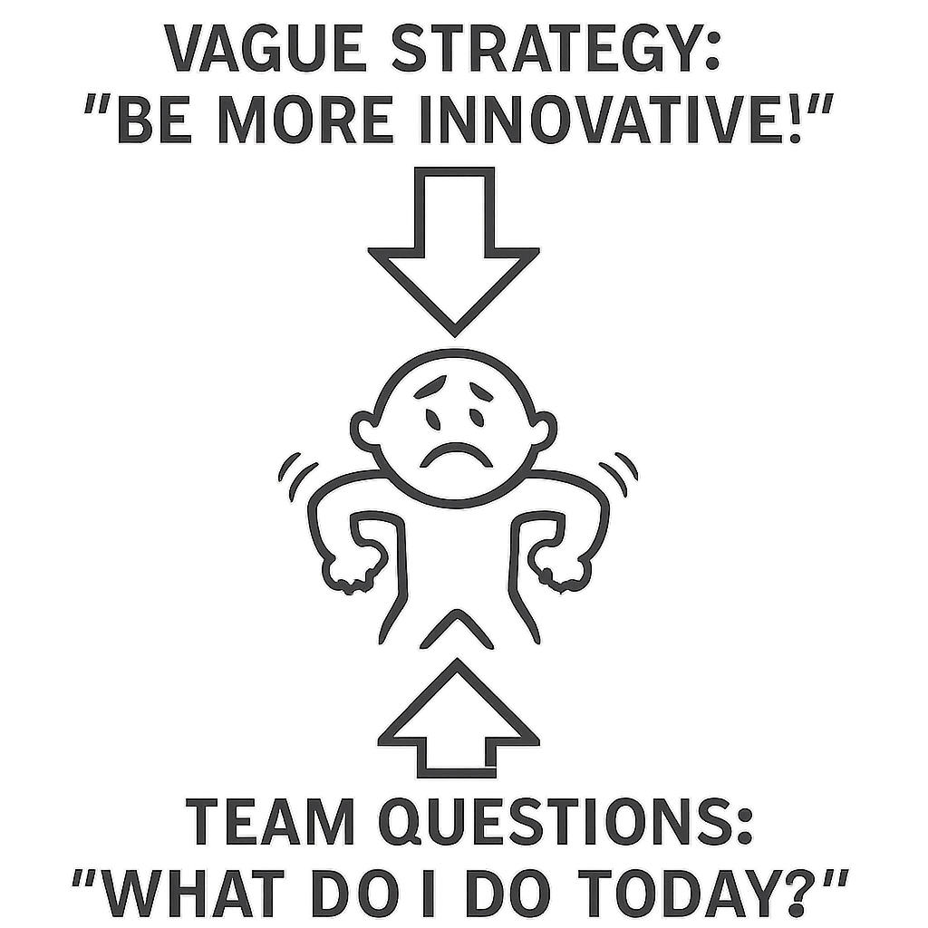 176be6a9-a7ae-4822-88c5-2feae600c05d - Modus A simple graphic illustrating a person in the middle being squeezed. An arrow from above is labeled "Vague Strategy: 'Be More Innovative!'" and an arrow from below is labeled "Team Questions: 'What do I do today?'"