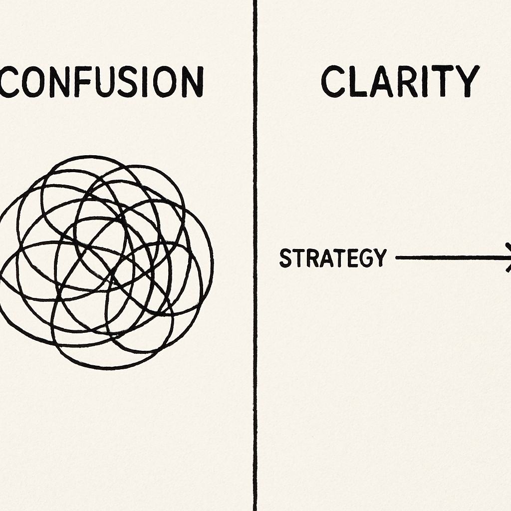 3c2e67af-b237-497e-aa83-fb8950c594ca - Modus A simple side-by-side visual. On the left, a tangled mess of lines labeled "Confusion." On the right, a single, clear arrow moving from "Strategy" to "Result," labeled "Clarity."