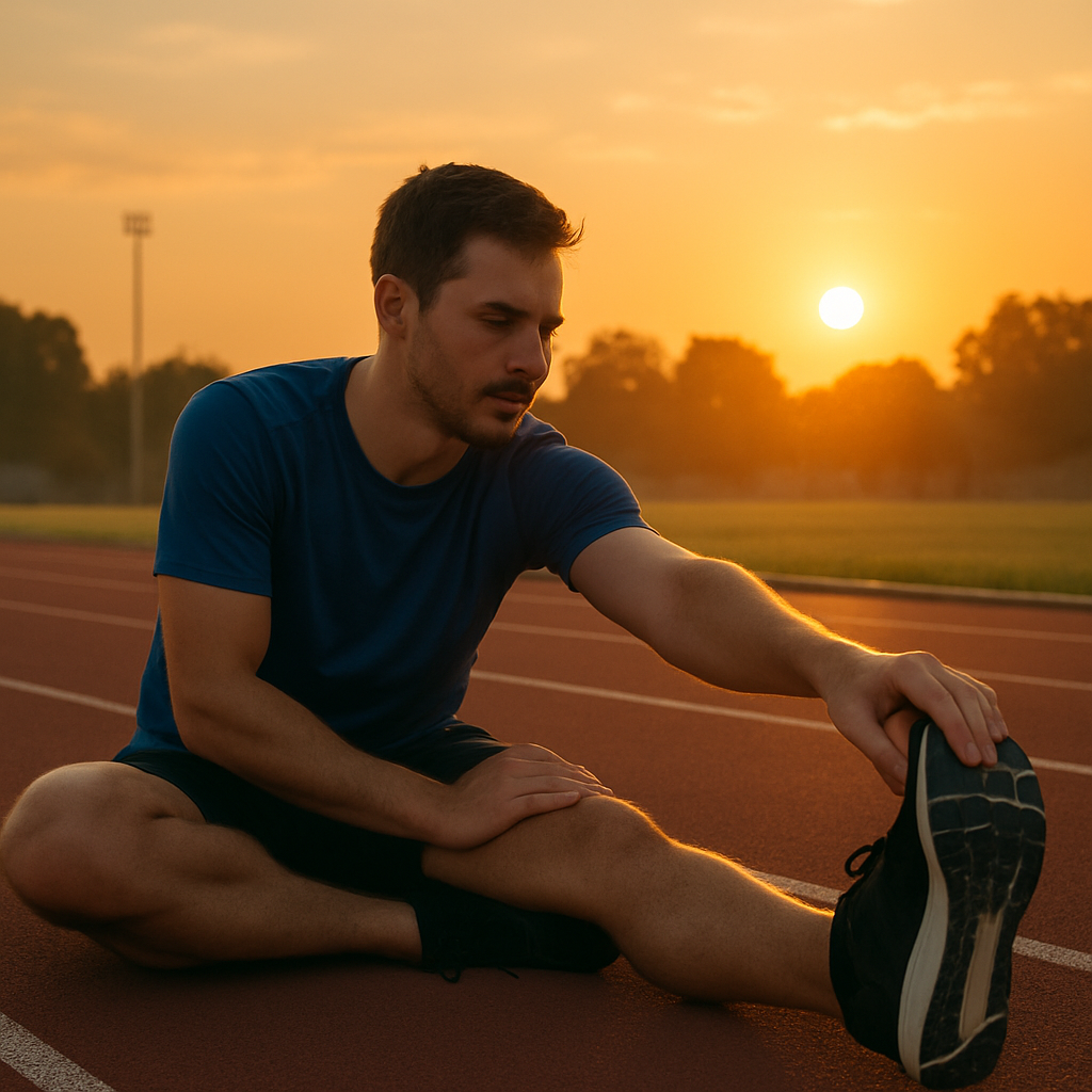 4ab1c423-66f0-4c6b-862b-f6a9d566b8b6 - Taylor Advisors A simple and clear photo of a runner stretching calmly on a track after a run, with the sun setting in the background