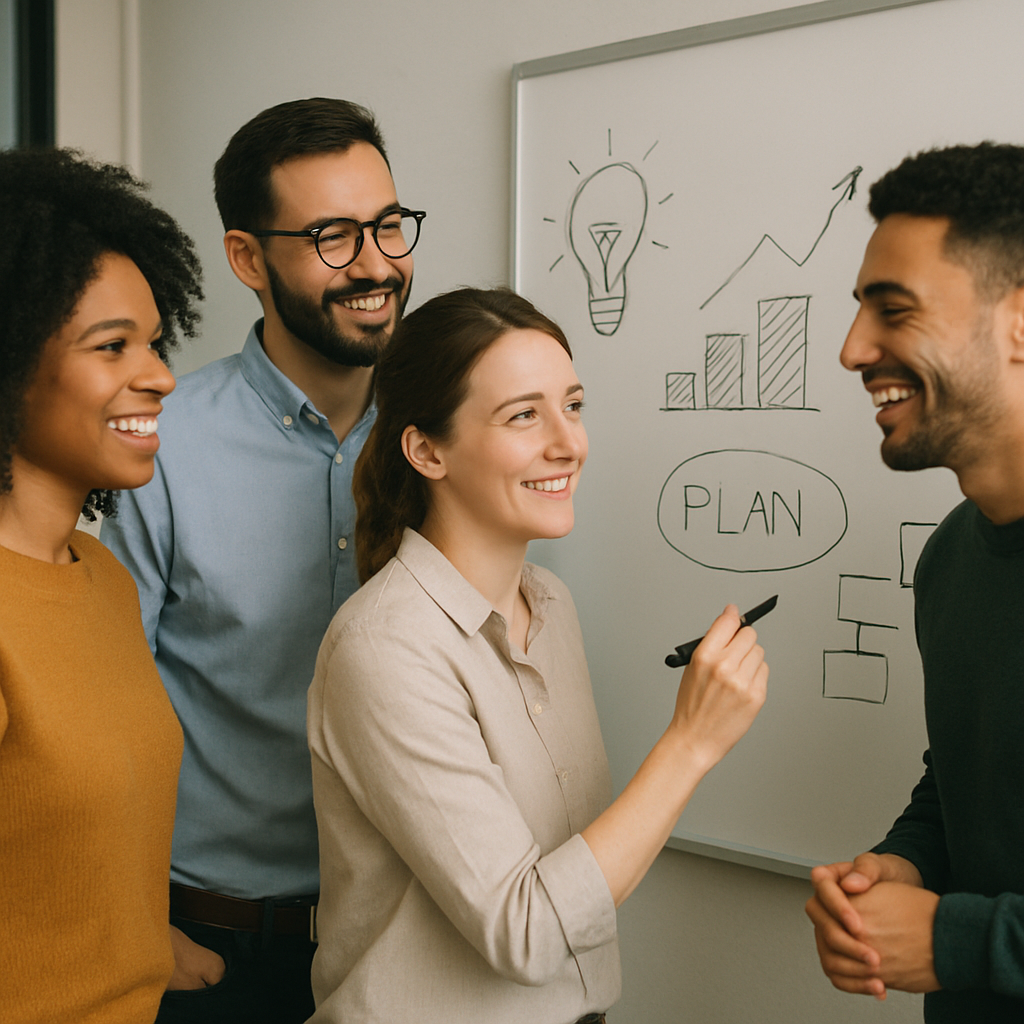 5c3e376b-e952-4d81-8808-555154fa0418 - Taylor Advisors A diverse, engaged team collaborating around a whiteboard, looking focused and positive, not stressed or exhausted