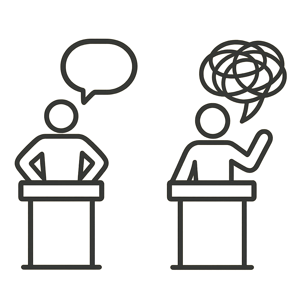 - Taylor Advisors A simple, minimalist icon of a person standing confidently at a podium, next to an icon of a person rambling with a tangled speech bubble