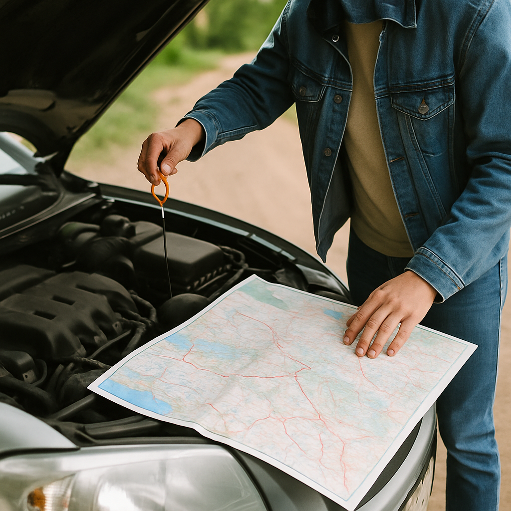 8ca462ea-29f7-453e-ba09-3cbfd5911a5a - Taylor Advisors A person standing next to a car with the hood up, checking the oil, with a map spread out on the hood. This visually represents internal and external analysis before a trip