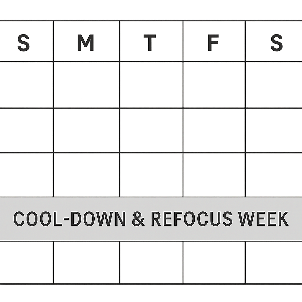 aaa0c5d8-52b1-4195-97eb-0150a4e62d74 - Taylor Advisors A simple graphic of a monthly calendar with one week shaded and labeled "Cool-Down & Refocus Week."
