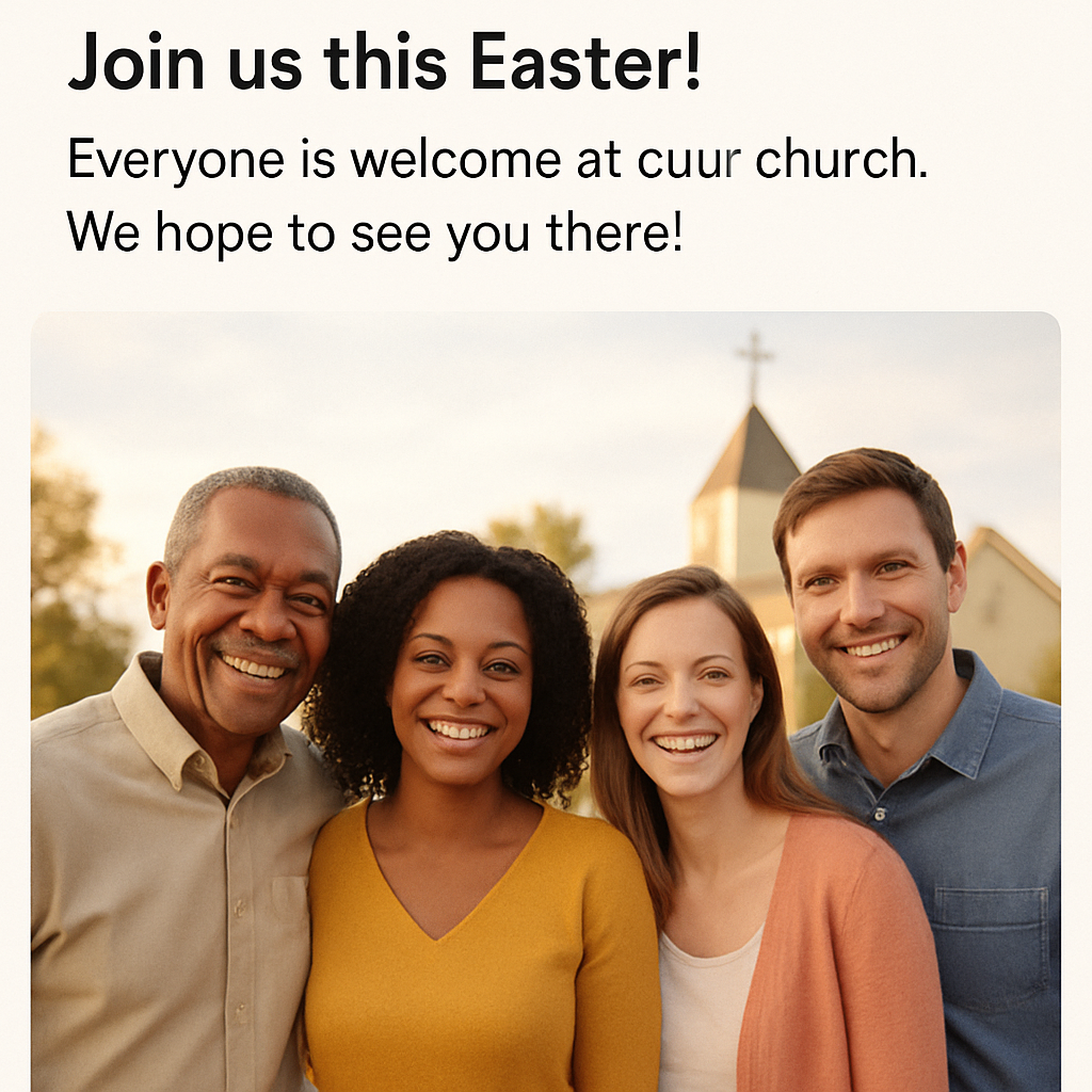 cc1d7747-c352-4ae8-826e-0cc87a5bf1dc - Modus A simple, effective example of a church's Easter invitation post on Facebook, showing a warm photo of smiling people and a clear, welcoming caption