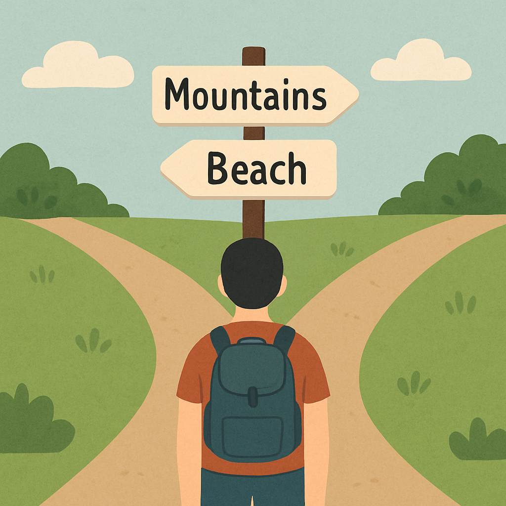 f5c10d06-aaad-41ec-9d0d-179e6407b0c6 - Taylor Advisors A simple, clean image of a person looking at a crossroads with two signs, one pointing to "Mountains" and one to "Beach," representing a choice of destination